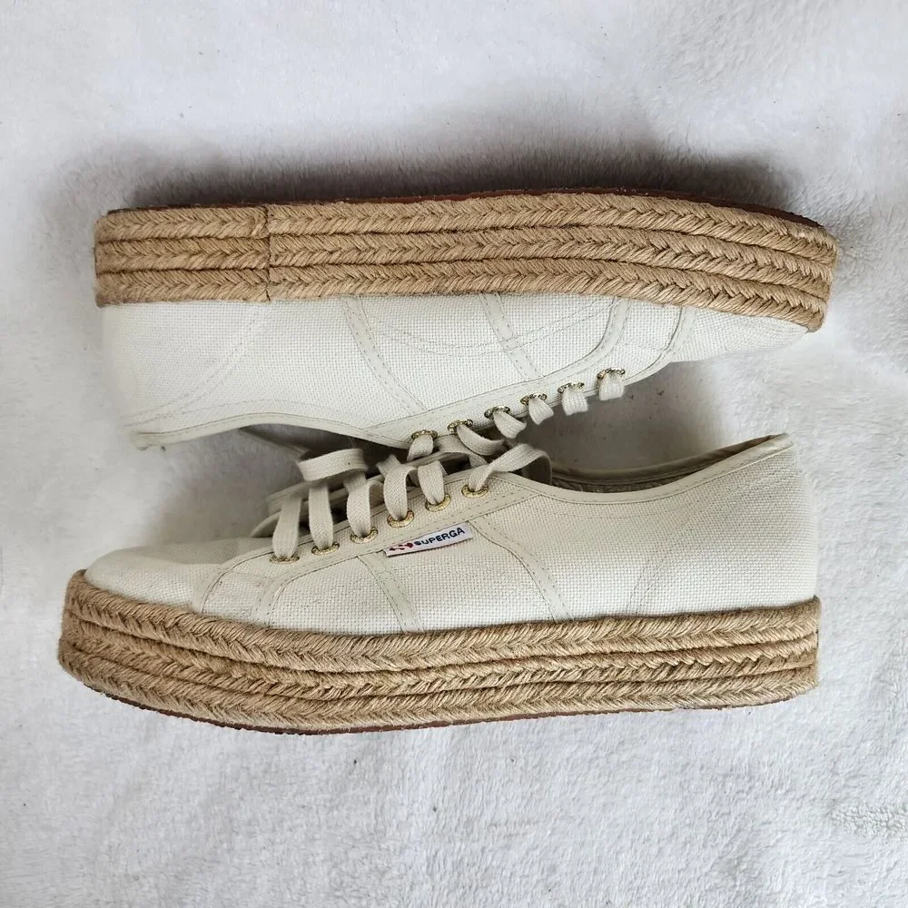 Superga Womens Beige Canvas Espadrille Platform Lace Up Low Top Sneakers Size 10